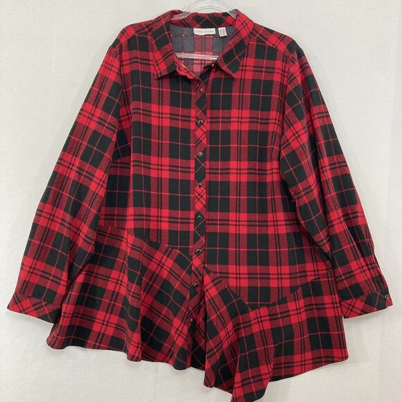 Susan Graver Tops - Susan Graver Top size 2X Red Black Plaid Preppy Asymmetric Hem Button Down